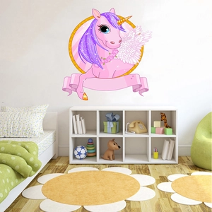 Pink cartoon unicorn wall decal with golden frame for kids bedroom and nursery decor