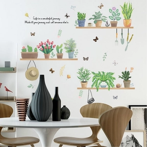 Green potted plants wall decal set with motivational quote for living room decor