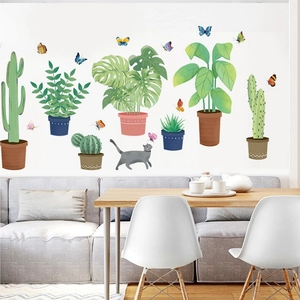 Tropical Potted Plants Cat Butterfly Wall Stickers Removable PVC Waterproof DIY Wall Decals for Living Room Bedroom Decor