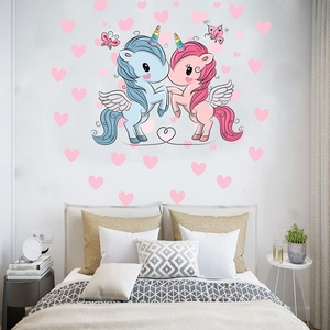 Cartoon unicorn wall stickers with pink hearts and butterflies for girls' bedroom decor
