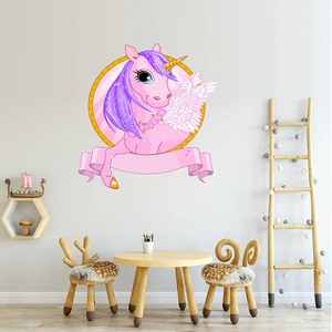 Detail of pink cartoon unicorn wall sticker with gold horn and purple mane in nursery