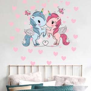 Nordic cartoon unicorn wall stickers with pink hearts and rainbows for kids room decor