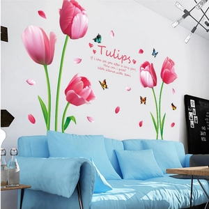 Pink tulip wall stickers with colorful butterflies and artistic lettering for living room