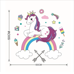 Cartoon rainbow unicorn wall stickers for kids room decor with stars and hearts