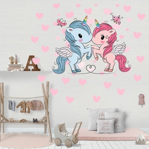 Cartoon unicorn wall stickers with pink hearts and rainbow wings for kids room decor