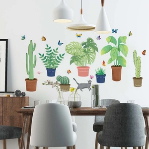 Tropical potted plants wall stickers with butterfly and cat for home living room decor