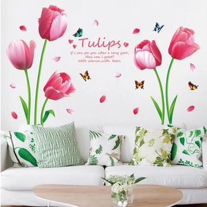 Pink tulip wall stickers with colorful butterflies and floral decals for home decor