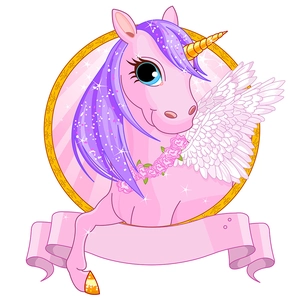 Pink cartoon unicorn wall sticker with golden horn and floral wreath for girls' rooms