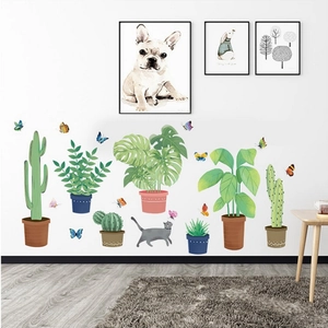 Tropical potted plant wall stickers with cat and butterfly designs for home decoration