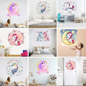 Nordic Minimalist Cartoon Unicorn Wall Stickers Pink Rainbow Stars PVC Waterproof Decals For Kids Bedroom Nursery Decor