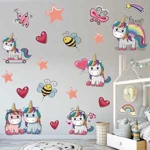 Cartoon unicorn wall stickers with colorful rainbows and stars for kid's room decor