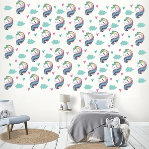 Cartoon unicorn wall stickers with colorful clouds and hearts for children room decoration
