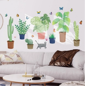 Tropical potted plant wall stickers with green leaves, butterflies, and a grey cat