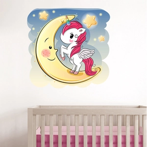 Cartoon unicorn on yellow moon wall decal for nursery room with stars and clouds