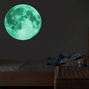 Glow-in-the-dark moon wall decal showing realistic luminous green lunar crater textures
