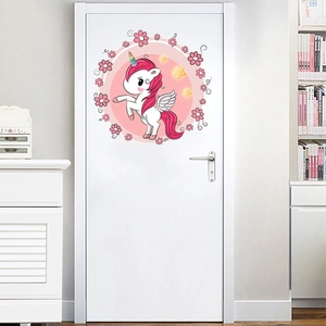 Pink unicorn wall sticker with flowers and golden stars for kids room door decor