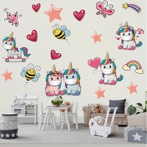 Rainbow unicorn wall stickers with stars and hearts for children room decoration