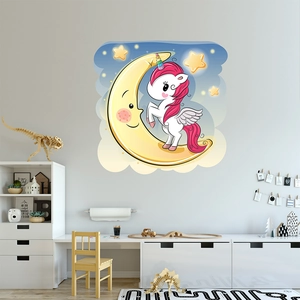 Cartoon unicorn on yellow moon wall decal for kids bedroom nursery wall decoration