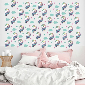 Cartoon unicorn wall stickers with pink hearts and clouds for kids bedroom decor