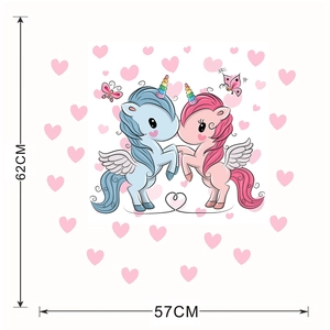 Detailed view of cartoon unicorn wall decals showing 62x57cm size dimensions for kids room