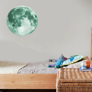 Detailed view of glow-in-the-dark moon wall sticker with realistic craters in a bedroom