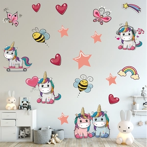 Cartoon Unicorn Heart Rainbow Star Wall Stickers For Kids Room Bedroom Decor Waterproof PVC Magical Animal Wall Decal