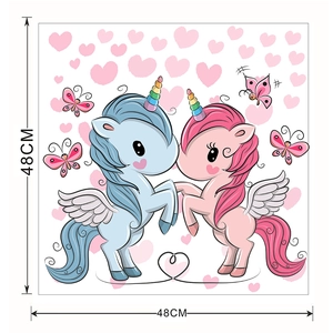 Detail view of 48cm square pink unicorn wall stickers featuring hearts and butterflies