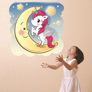 Cartoon unicorn and moon wall stickers for children's room decoration in soft beige setting
