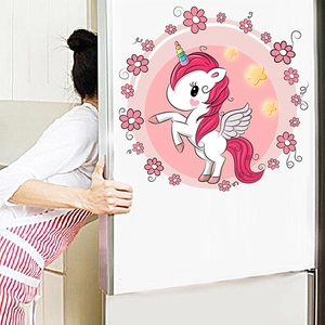 Pink unicorn wall sticker with flowers and stars for kids' bedroom decoration