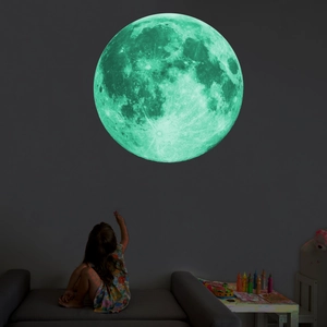 Luminous moon wall sticker with realistic crater texture shown in kids' bedroom scene