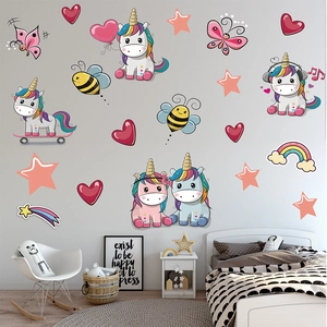 Rainbow unicorn and heart wall stickers set for children bedroom or playroom decor