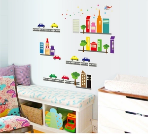 Luminous Cartoon City Wall Stickers Glow In The Dark PVC Building Car Helicopter Decals For Kids Room Bedroom Home Decor
