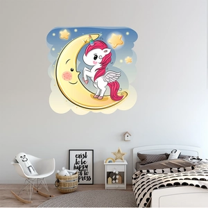 Cartoon unicorn on yellow moon wall sticker with stars for kids bedroom decor