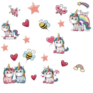 Rainbow unicorn wall stickers with hearts and stars for kids bedroom decoration