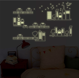 Glow in the dark city building wall decals with luminous stars and cars for kids rooms
