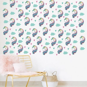 Cartoon unicorn wall decal with rainbow, pink hearts and clouds for kids room decor
