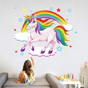 Adesivo da Parete Cartoon Unicorno Arcobaleno per Cameretta Bambini PVC Impermeabile Nuvole da Sogno Stelle Decalcomanie Murali Decorazione Casa