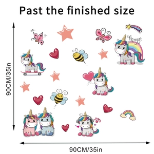 Size chart for colorful unicorn and rainbow wall decals measuring 90cm by 90cm