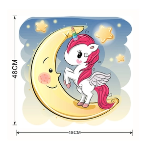 Detailed view of unicorn on yellow moon wall sticker with stars, sized 48cm by 48cm