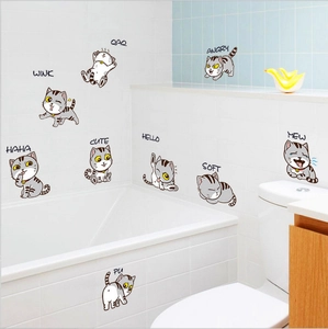 Self-adhesive cartoon cat wall stickers for bedroom and furniture decor in a tile bathroom