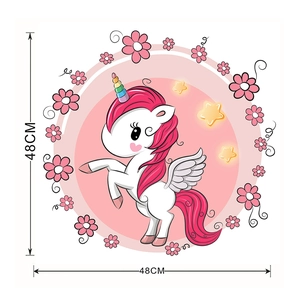 Detailed view of unicorn wall sticker with pink flowers and 48cm dimension markings