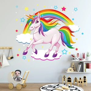 Adesivi murali unicorno arcobaleno con stelle e nuvole per cameretta dei bambini