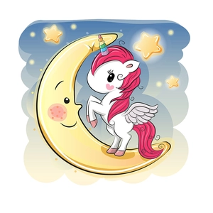 Cartoon unicorn on moon wall sticker with stars for kids bedroom wall decoration