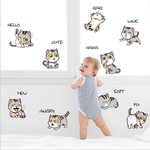 Cartoon grey tabby cat wall sticker set for baby nursery and kids room decor