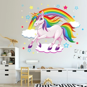 Adesivi murali unicorno arcobaleno con stelle e nuvole per cameretta dei bambini