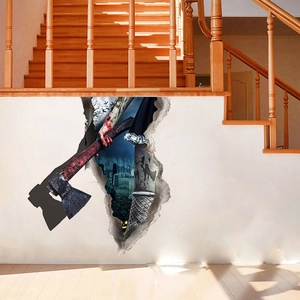 Halloween 3D broken wall sticker featuring scary arm with bloody axe on stairs decor