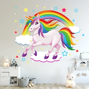 Adesivi murali unicorno arcobaleno per cameretta con stelle colorate e decorazioni nuvole
