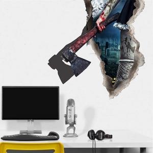 Detailed 3D wall sticker with Halloween horror axe and broken wall effect in home office