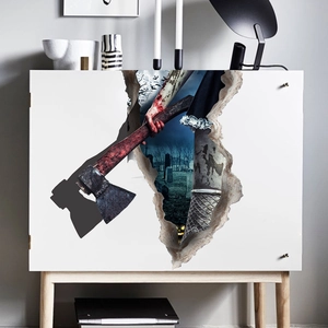 Detailed 3D Halloween wall decal featuring a bloody axe and pumpkin on a cabinet