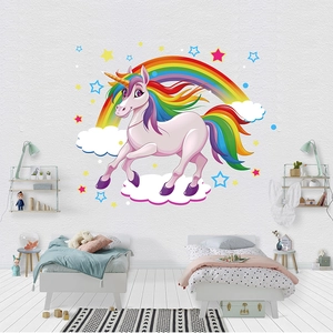 Adesivi murali unicorno arcobaleno con stelle colorate per cameretta dei bambini